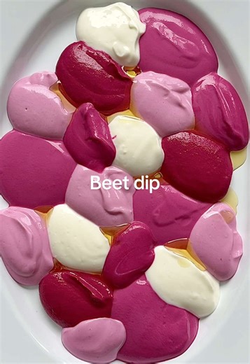 A beet dip for the lovers! 💘 Blend together until smooth: 3 medium beets, roasted, peeled quartered 50g runny tahini 1 Tbsp olive oil Juice of 1 lemon 1 large garlic clove Pinch of salt Splash of water, if needed Stir together: 125g greek yogurt Juice of half a lemon 1 Tbsp olive oil Pinch of salt In three separate bowls, mix together both mixtures in different ratios to get dark, medium and light pink, making sure to leave some yogurt behind for later. Dollop all the dips onto a large platter.
