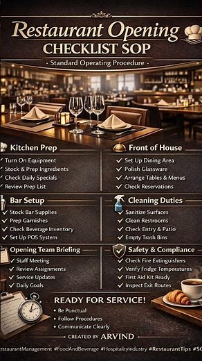Restaurant Opening Checklist SOP #foodandbeverage #cocktail #mixology #coffee