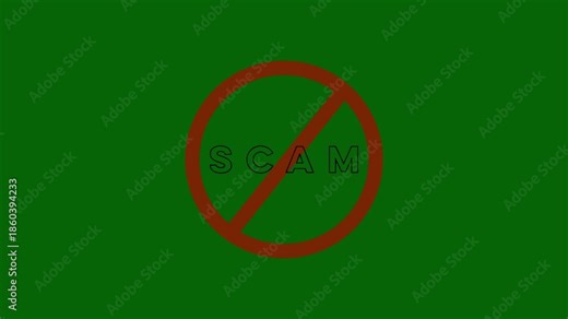 Red prohibition symbol with the word SCAM in white outline text centered on a solid green background symbolizing a warning against fraudulent schemes and deceptive practices Keywords: scam
