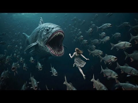 The beauty lures the piranhas to chase her, and the giant mutant fish keeps chasing her!【食人鱼】