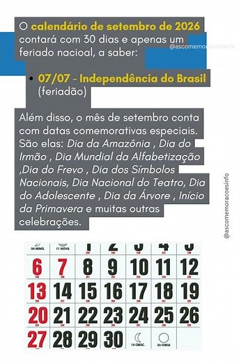 (atualizado) calendário e feriados setembro 2026