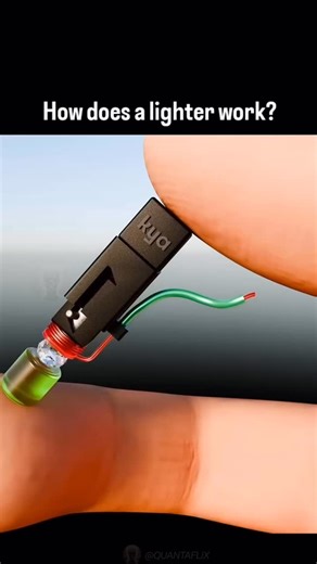 @eduardluliclips on Instagram: "🔥 Ever wondered how a lighter actually makes fire? It all starts with a tiny crystal called a piezoelectric crystal. When you press the button, it compresses the crystal, generating high voltage electricity ⚡. That sudden charge makes a spark jump across a small gap, instantly igniting the fuel or gas — creating the flame you see. It’s pure physics in your pocket — turning a press of your thumb into controlled fire. 🔥 #science #engineering #technology #physics #