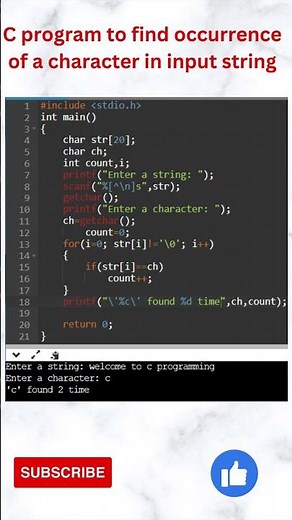 C program to find occurrence of a character in an input string // C programming