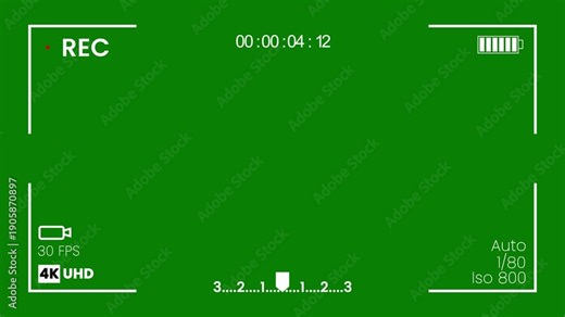 Camera viewfinder, camera streaming recorder, footage. Dslr camera frame viewfinder, Video camera recorder screen overlay, rec text camera recording icon blink animation on green screen in 4K