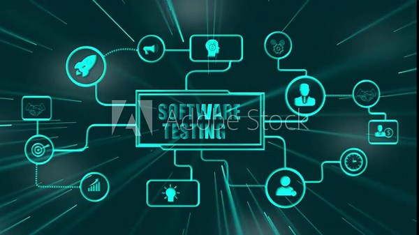 Software Testing Concept with Connected Icons and Flowchart Elements software testing, quality assurance, development, technology, concept, flowchart, infographic, digital, network