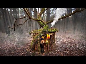 Building a Warm and Cozy Secret Hut Under an Old Tree. Survival, Bushcraft