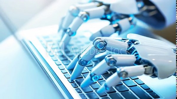 AI Robot Hands Typing Fast on Laptop Keyboard: Future Technology, Robotic Process Automation (RPA), Machine Learning, Digital Transformation Concept. 4K Video Footage