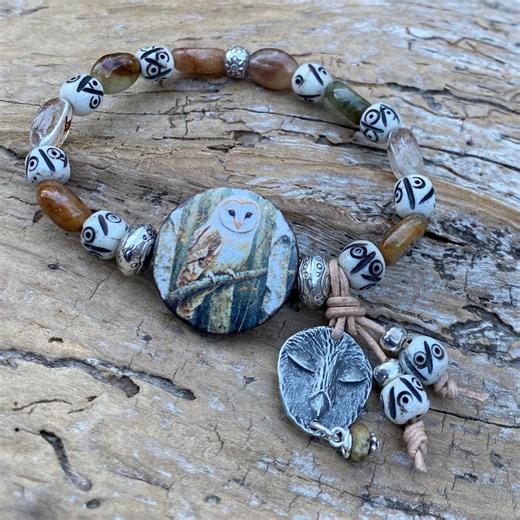 Owl Stretch Bracelet: Rutilated Quartz, Hill Tribe Silver, Owl Charm, Carved Bone, Boho Chic - Etsy