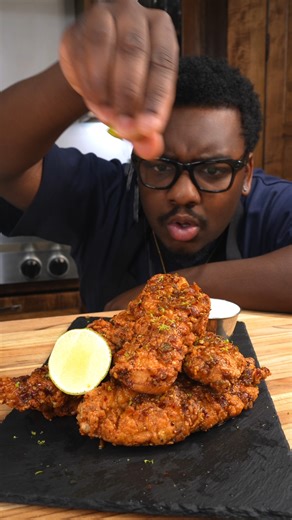 Crispy Chili Lime Chicken tenders Fry at 350 F for 6-7 Minutes (until golden Brown) and an internal of 165F Ingredients - 1 1/2 Lb Chicken Tenders Wet Batter 1 1/2 Cup Buttermilk 1 Tbsp Onion Powder 1 Tbsp Garlic Powder 1 Tsp Cayenne Pepper 1 Tsp Chili Powder Freshly Cracked Black Pepper 1 Tsp Salt 1 Large Egg —————- Dry flour 1 2/3 Cup Flour 1 Cup Corn Starch Coarse Salt Coarse Black Pepper 2 Tsp Onion Powder 2 Tsp Garlic Powder 1 Tsp Paprika —————— Sauce - 2 Tbsp Chili Oil 6 Tbsp Salted Butter