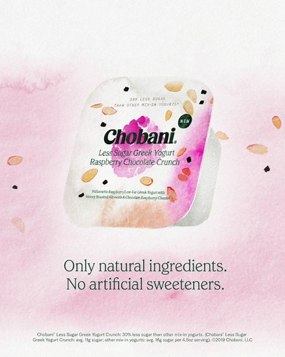 Here's to less. Chobani® Less Sugar Greek Yogurt Crunch has less sugar than other mix-in yogurts*. | Chobani