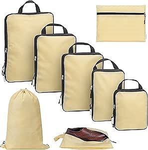 Amazon.com: Navaris Compression Packing Cubes Set of 8 - Compressible Travel Bags for Packing Many Sizes - Lightweight Compression Travel Organizer Suitcase Carry On Luggage Backpacks - Beige : Clothing, Shoes & Jewelry