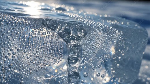 Closeup of ice melting with bubbles and water dripping in slow motion