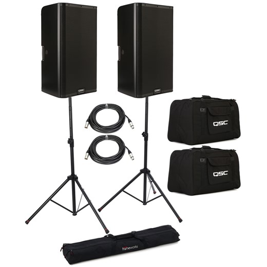 QSC K12.2 Powered Speaker Pair with Stands, Cables, and Bags