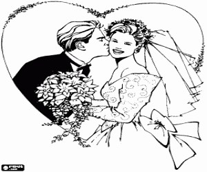 The kiss of the groom to the bride coloring page printable game