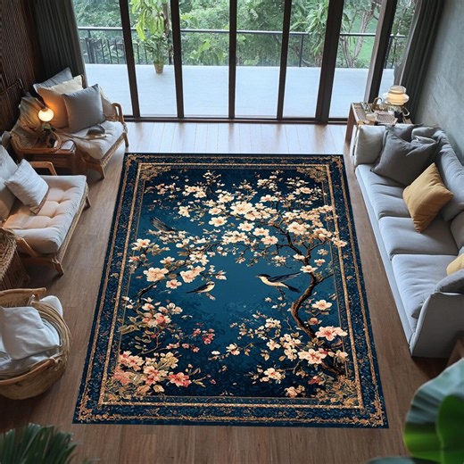 Chinoiserie Floral Bird Area Rug, Navy Blue Blossom Tree Carpet, Elegant Asian Style Decor for Living Room Bedroom - Etsy
