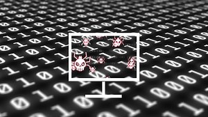 Computer virus icons and binary code animation over monitor graphic | Premium Stock Video Footage