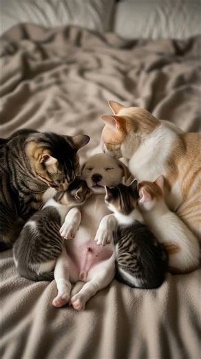 Cats gently groom a baby puppy as it returns the favor #cat #puppy #dog