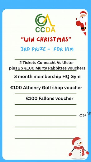 CCDA “WIN CHRISTMAS” DRAW. Our third prize - Christmas for him. Watch our short video to see the list of prizes in this prize bundle. Tickets can be bought on www.idonate.ie/raffle/CCDAWINCHRISTMAS our sponsors have been so giving this year, thank you for your amazing generosity! | CCDA