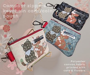 Handmade Compact/petite Zippered Keychain Card/coin Pouch - Canvas Fabric Printed With Cats and Flowers - Etsy Australia