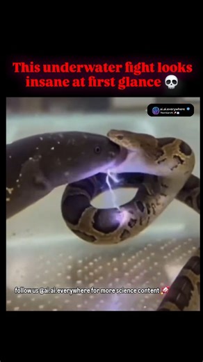 NextGenAI 🚀🤖 on Instagram: "This underwater fight looks insane at first glance ⚡🐍 A dramatic clip shows a tentacled snake striking an electric eel, complete with glowing purple energy and lightning effects. The video went viral fast, pulling in over 464,000 views after being shared by the Facebook page Wooflyn. But it isn’t real. The creator tagged the clip as AI-generated and made purely for entertainment. In real life, these two animals could never meet. Tentacled snakes live in freshwater 