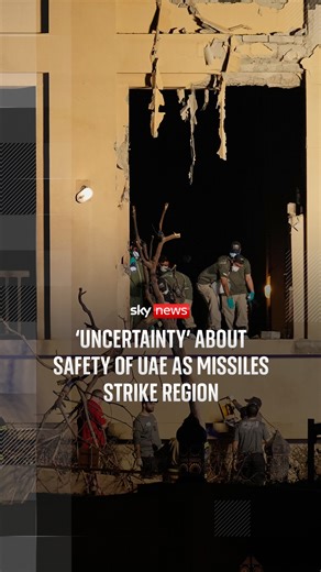 Iranian strikes have hit the UAE, bringing uncertainty to a country thought of as one of the safest in the world. Around 240,000 British citizens live in the UAE, who have been advised to remain indoors, or in a safe place, and to stay away from windows. Sky's Sally Lockwood reports. | Sky News