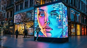 A vibrant digital art installation featuring a stylized face in an urban setting. Stock Video