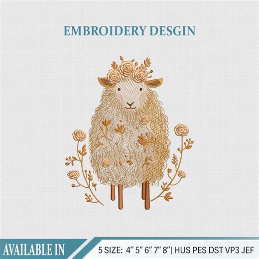 Sheep Flowers Embroidery File, Farm Lamb Stitch Embroidery Design, 5 Size, Instant Download. - Etsy