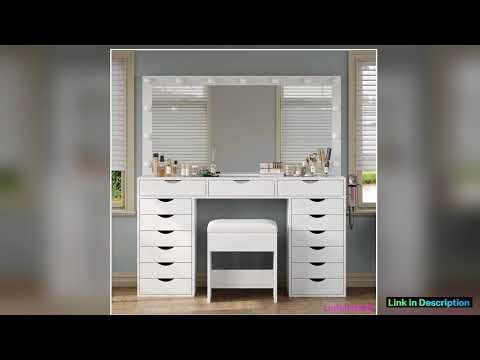 Vanity Desk with Mirror and Lights Makeup Table with Charging Station 3 Color Lighting Modes 15 Dra