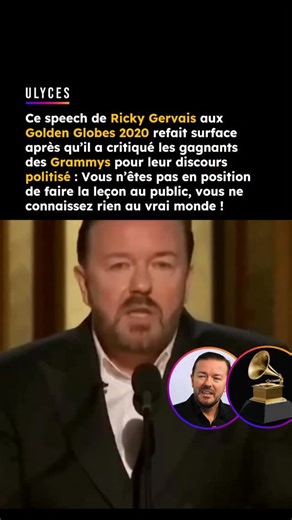 🏆 Alors que la cérémonie des Grammy Awards 2026 a eu lieu dimanche, Ricky Gervais a republié sur X un extrait de son discours des Golden Globe Awards 2020, dans lequel il exhortait les artistes à ne pas transformer leurs discours de remerciement en tribunes politiques. Le comedien britannique a commenté la cérémonie 2026 d’un « Ils n’écoutent toujours pas », alors que plusieurs lauréats ont profité de la scène pour afficher des messages engagés. Crédit : Golden Globes / Ricky Gervais | Ulyces