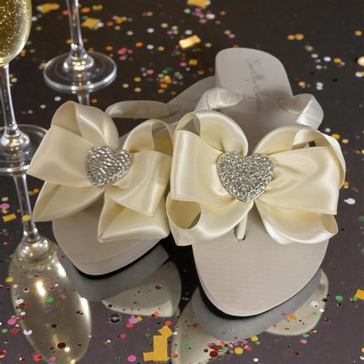 Ivory Bridal Flip Flops Bow Rhinestone Heart Wedding Wedge Sandals 1–2 Inch Heel - Etsy