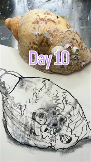 Debbie Mackinnon on Instagram: "Day 10 - T H R E E T O O L S Limitations are my favourite thing. Fewer choices force you to slow down, pay attention and get inventive. Today I worked with just three tools: A stick and ink A white oil pastel (a candle works too) An inktense pencil I began by making almost invisible marks with the oil pastel to map out parts of this big shell ( I focused on the barnacles) . Then I drew over the top with the stick with both full strength and watered down ink. The o
