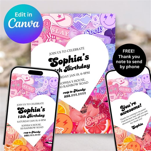 Rainbow Collage Birthday Invitation Bundle | Editable Canva Template | Teen & Tween Party Invite | Thank You Card Included! - Etsy