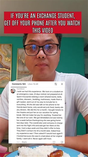 Exchange students: Get off your phone after watching this video and help your host parents with the household chores or spent time with them. #exchangestudent #exchangeyear #hostfamily #gratitude #fyp