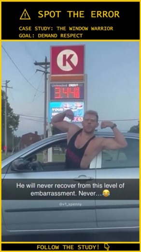 Human.Error.Study on Instagram: "ANALYSIS: He Demanded Respect. He Received a Refill. ⚠️ Video Credit: Viral / @v1_spenny Case File: 263-WINDOW-WARRIOR Subject: Road Rage Exhibitionist Status: Socially Neutralized / Clean-up Required The Tactical Analysis: The Posture Trap: The subject attempts to project "toughness" by hanging half his body out of a moving vehicle to flex his muscles. In doing so, he enters a state of Structural Compromise, losing his ability to dodge or defend his head. The "C