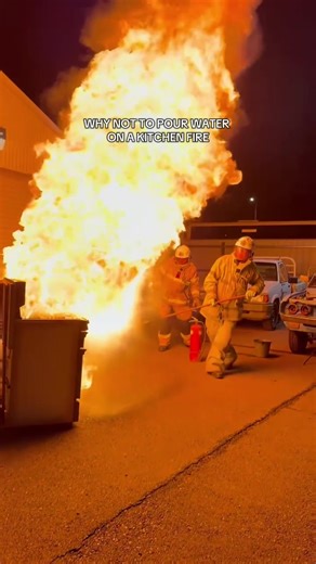 WILD... this is what happens when you pour water on a kitchen fire! 😲🔥 Less than a quarter of a cup of water caused that massive flare-up – thankfully, it was just a demo 😰 If your cooking catches fire, don’t use water. Smother it with a fire blanket, or if you don’t have one, use a pot lid, chopping board, or towel if it’s safe to do so. Stay low, turn off the stove, and slide it carefully over the pan. 📷 Kambalda Volunteer Fire & Rescue Service #kitchenfire #cookingfire