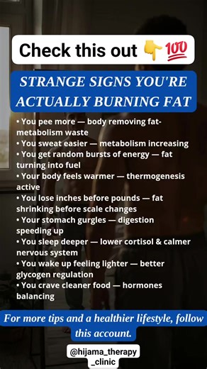 9.9K views · 73 reactions | Are you burning fat?  Check out these strange signs that your body is actually shedding those extra pounds! From random energy bursts to craving cleaner food, these indicators might surprise you. Share this with your fitness friends!  #FatBurning #WeightLoss #FitnessTips" | Hijama Therapy Clinic | Facebook
