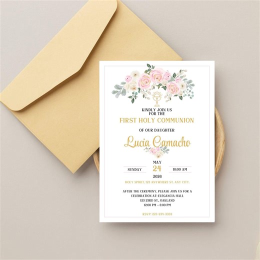 First Communion Invitation Girl | Floral First Communion Invite | Catholic First Holy Communion Invitation | Printable Communion Invitation - Etsy