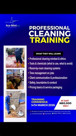 Ace-Mint Hub | cleaning service in uyo. on Instagram: "Why do some cleaners struggle and others scale?? Let's take you from a normal cleaner to a professional. From what to clean, how to clean, how to charge, and how to market yourself. We will teach the skills, the systems, and the visibility you need to scale in the cleaning industry. Slide 1 - Professional cleaning training. Slide 2 - Sofa and upholstery cleaning training. Slide 3 - Fumigation and Pest-control training. Slide 4 - Content crea