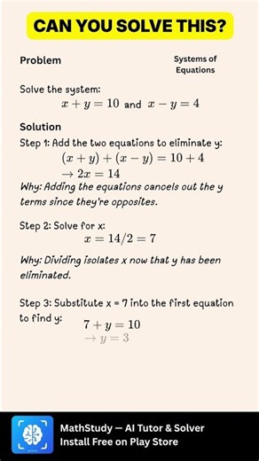 Math Shorts 032 | Systems of Equations Explained Step by Step by MathStudy Tutor #learnmath #maths