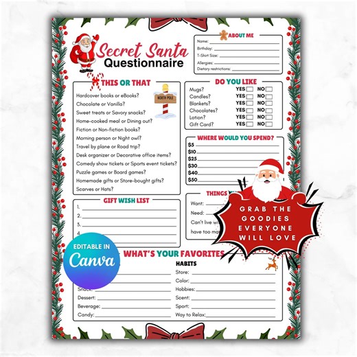 Secret Santa Questionnaire: Christmas Gift Exchange, Printable & Canva Editable Template - Etsy Canada