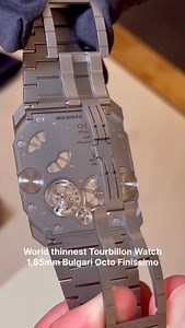 Hands on the new Bulgari Octo Finissimo Ultra Tourbillon, the thinnest tourbillon ever created at just 1.85mm thick. This groundbreaking timepiece redefines watchmaking by merging engineering and design into a single, ultra-thin structure. Inspired by Roman architecture, the watch features an octagonal titanium case and a tungsten carbide baseplate that integrates with the movement, eliminating the traditional case concept. The flying tourbillon is fully skeletonized, revealing its intricate mec