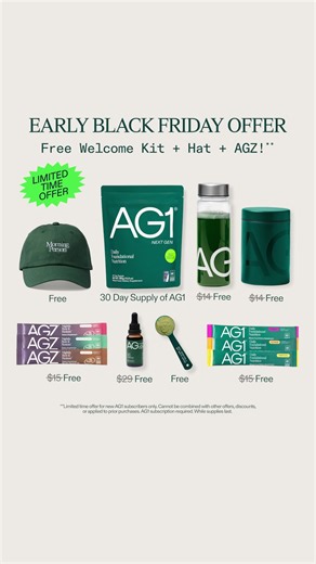 🚨 EARLY ACCESS BLACK FRIDAY OFFER — LIMITED TIME!!! 🚨 Give the gift of feeling good—packed with FREE holiday exclusives**. AG1 Next Gen is the Daily Health Drink for foundational nutrition, clinically shown to support gut health and close common nutrient gaps — critical factors for daily performance, energy, and overall wellness — perfect for anyone looking to feel their best heading into the Holiday Season. Your FREE Holiday Gift Set includes: ✅ Morning Person Hat — FREE** ✅ 3ct Flavor Sample