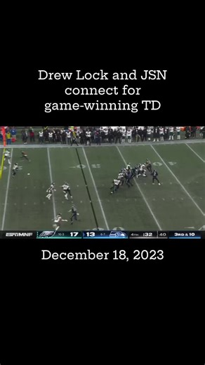 OTD in Sports Highlights on Instagram: "On this day in sports history (December 18, 2023), Drew Lock and Jaxon Smith-Njigba connected for a touchdown in the final minute of the game. The Seahawks would beat the Eagles by a score of 20-17. @drewlock23 @jaxsnj #nfl #highlights #seahawks #eagles #drewlock #jsn. All video content is owned by the NFL. If you like this video, please give me a follow."