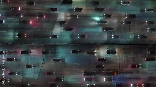 Captured in breathtaking 4K, the aerial image reveals a bustling traffic jam in downtown Los Angeles, California, showcasing the vibrant citys congested streets and lively nightlife