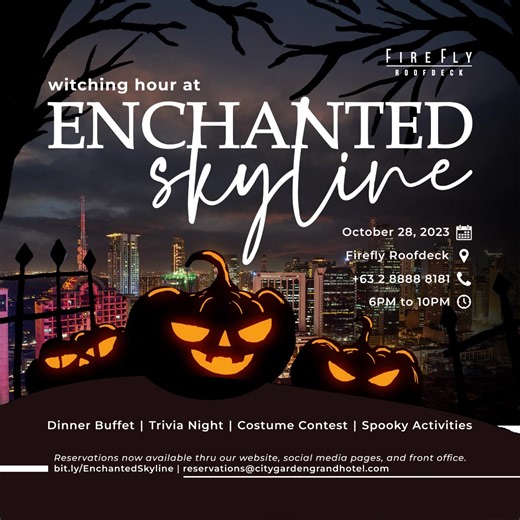 🕷️ The countdown to Halloween begins now! 🎃 Firefly Roofdeck is casting an enchantment across the city’s skyline on October 28, 2023! Here’s what we have lined up: 👻Trick or treat goodies for kids and kids at heart 👻Buffet dinner spread featuring Firefly’s all-time favorites plus some exciting additions 👻Costume contest - for all the witches and wizards of land and sky. Open to all ages. 👻Trivia night - where the team with the best horror knowledge gets to be on top. 👻Amazing prizes await