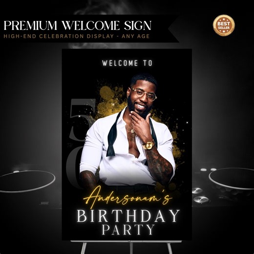 Black and Gold Birthday Welcome Sign With Photo Editable Canva Template Milestone Party Entrance Poster - Etsy
