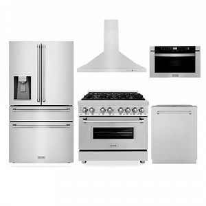 ZLINE Kitchen and Bath 36 in. Stainless Steel Package with 6-Burner Range, Range Hood, Dishwasher, Microwave, and French Door Refrigerator 5KPRW-RARH36-MWDWM - The Home Depot