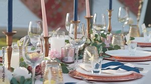 Table setting for a dinner reception, Festive table decor wedding White concept.