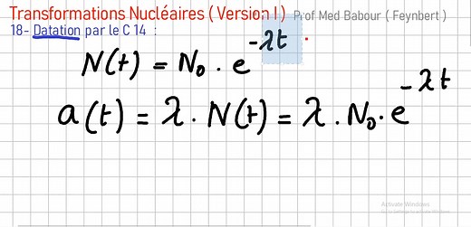 17/19 | Datation par le Carbone 14 | Transformations Nucléaires ☢️ | Bac 2025 PC SM SVT 🔬 Comment fonctionne la datation au carbone 14 ? Comment permet-elle d’estimer l’âge des fossiles et des objets anciens ? Dans cette 17ᵉ vidéo de notre série sur les transformations nucléaires Bac 2025 PC SM SVT, nous expliquons en détail : ✅ Principe de la datation au carbone 14 ✅ Demi-vie du carbone 14 et décroissance radioactive ✅ Formule de datation : N(t) = N₀ × e⁻ʷʭʸ ✅ Applications en archéologie, palé