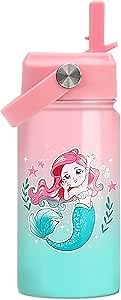 SANDJEST Mermaid Water Bottle for Girls - Kids Water Bottle with Straw Lid - 12 Oz Insulated Stainless Steel Water Bottles - Travel Cup for School Sports